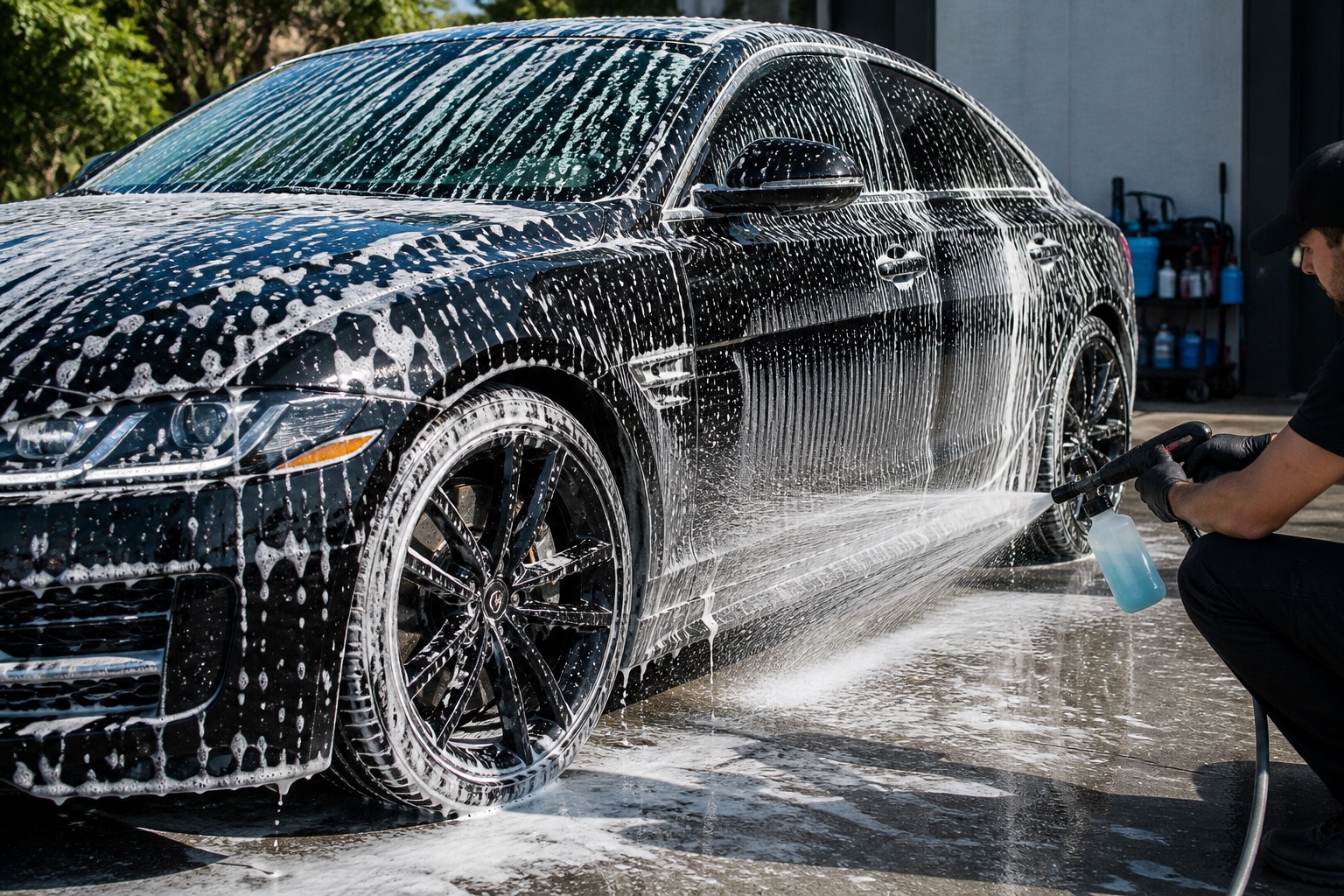 Vehicle exterior being foam washed and rinsed