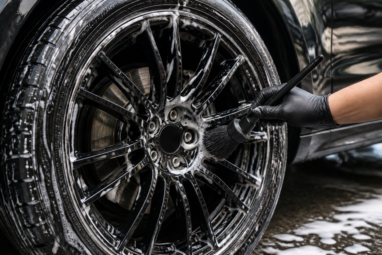 Wheel and tire being detailed with a soft brush