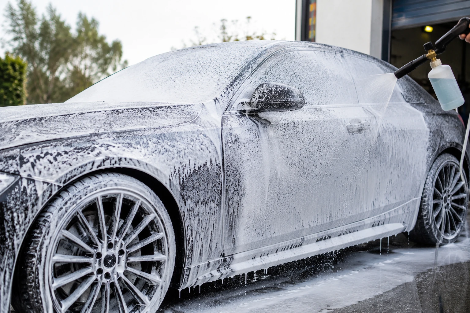 Foam-covered vehicle exterior during a wash